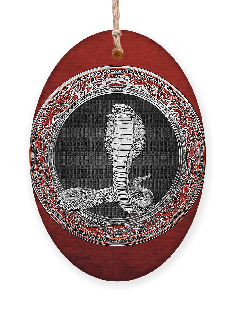 'beasts Creatures And Critters' Collection By Serge Averbukh Ornament featuring the digital art Sacred Silver King Cobra on Red Canvas by Serge Averbukh