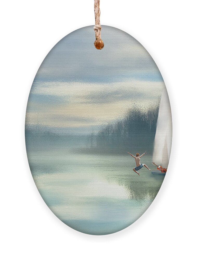 Sailing Boats Ornament featuring the mixed media Sailing Down the River by Colleen Taylor