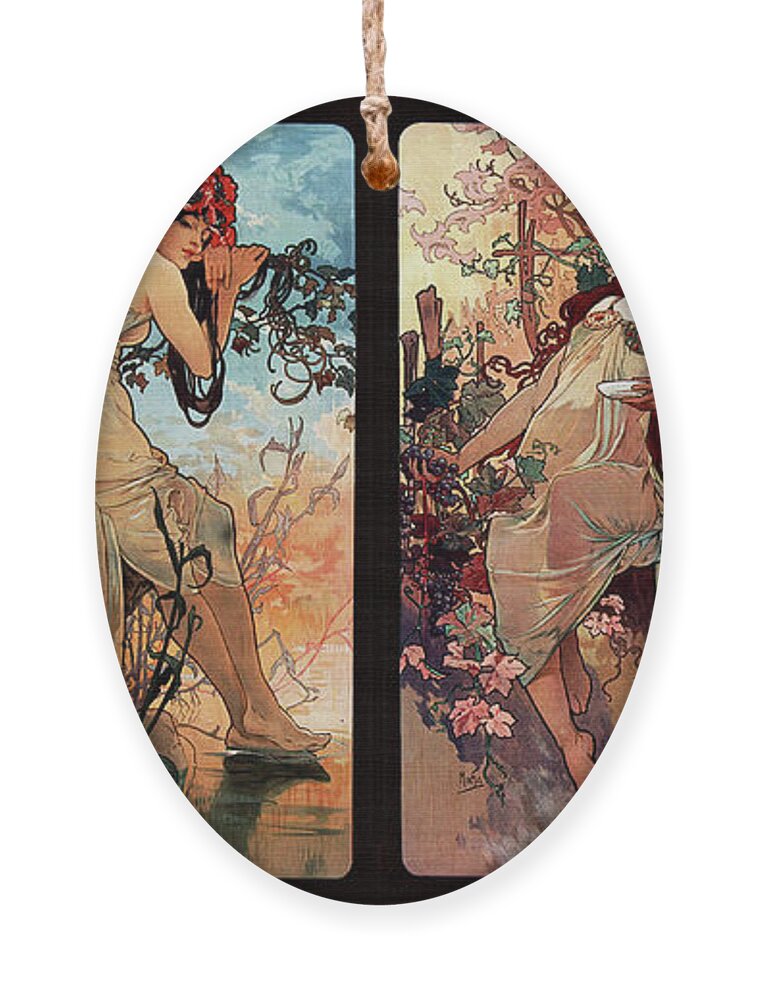 Seasons Ornament featuring the painting Seasons by Alphonse Mucha by Rolando Burbon