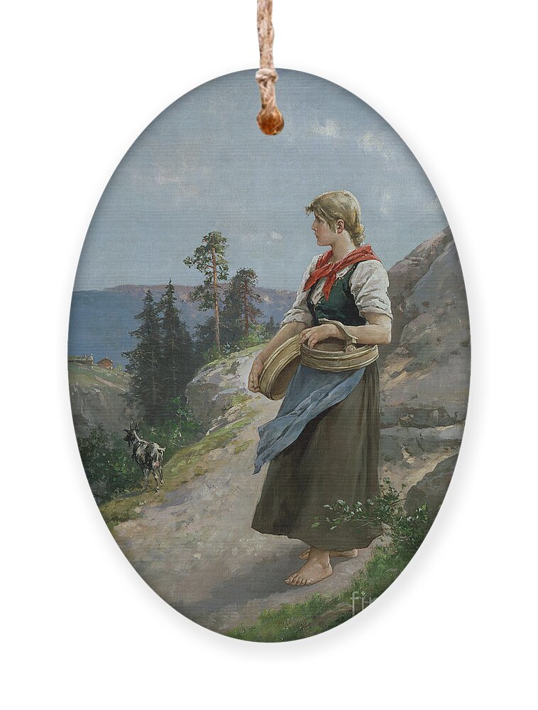 Farm Girl Ornament featuring the painting Seterjente by Axel Hjalmar Ender