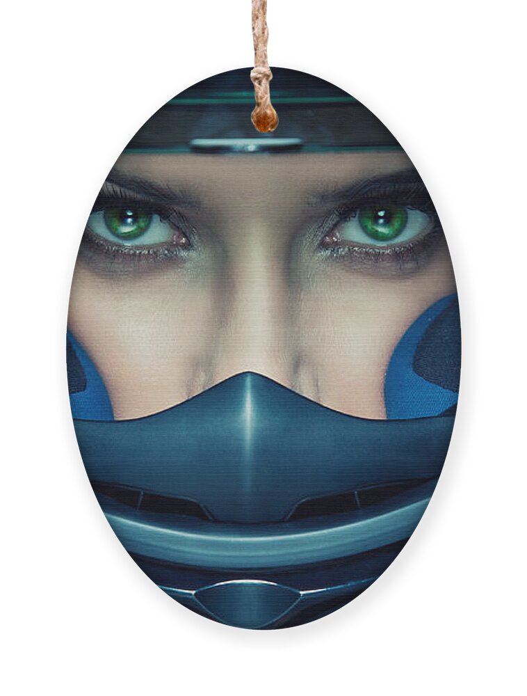 Studio Ornament featuring the photograph Sexy Woman In Helmet On Blue Background by Kiuikson