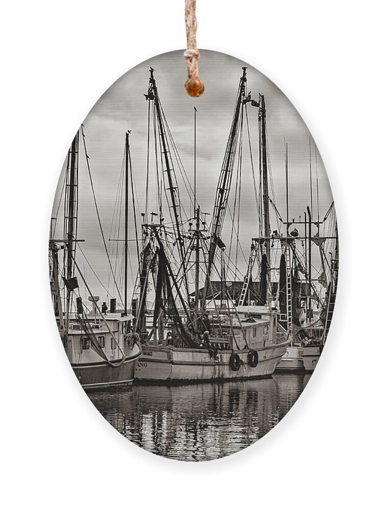 Shem Creek Ornament featuring the photograph Shem Creek Saltwater Cowboys in Sepia by Dale Powell