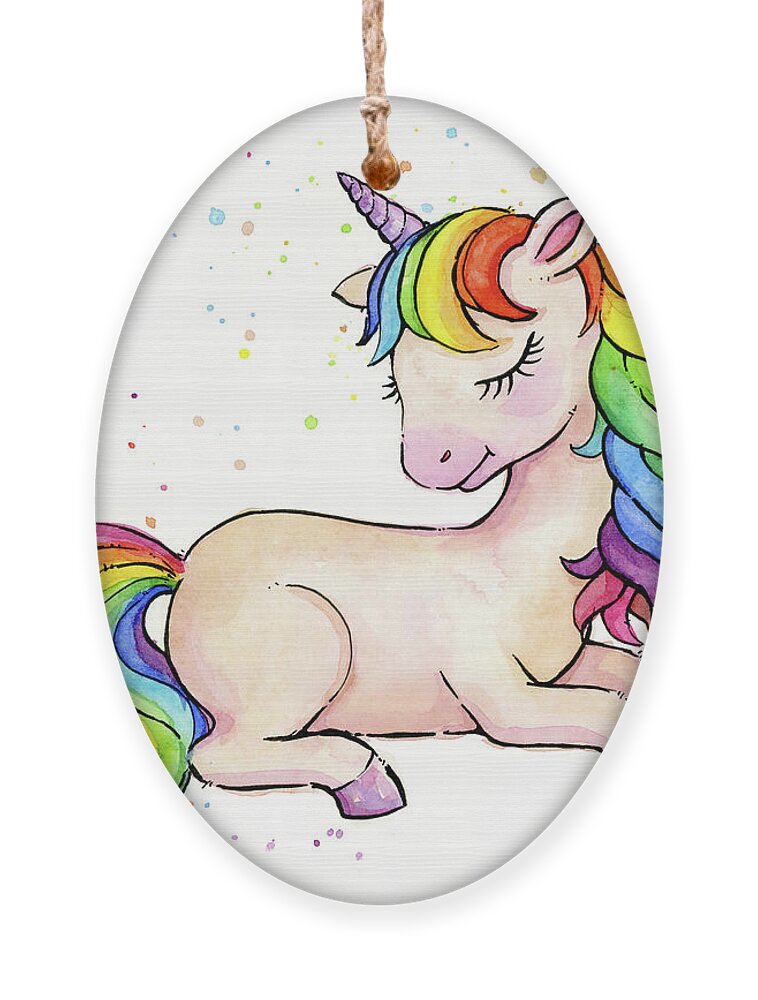 Sleeping Unicorn Ornament featuring the painting Sleeping Baby Rainbow Unicorn by Olga Shvartsur