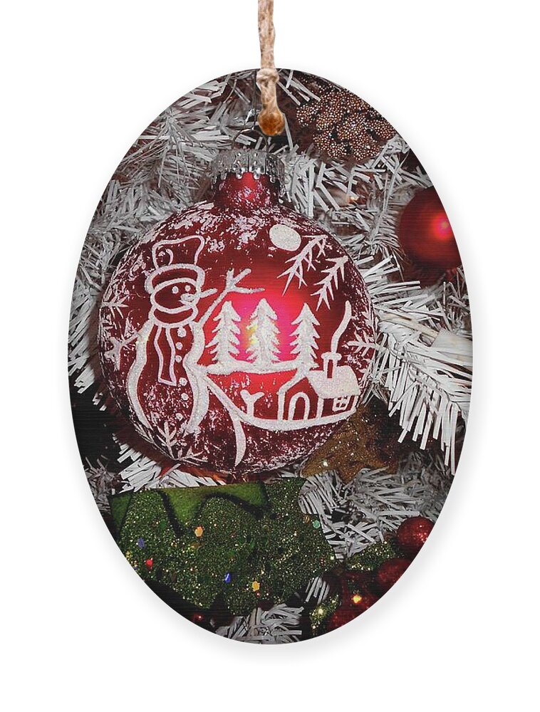 Christmas Ornament featuring the photograph Snowman Ornament on White Christmas Tree by Linda Stern