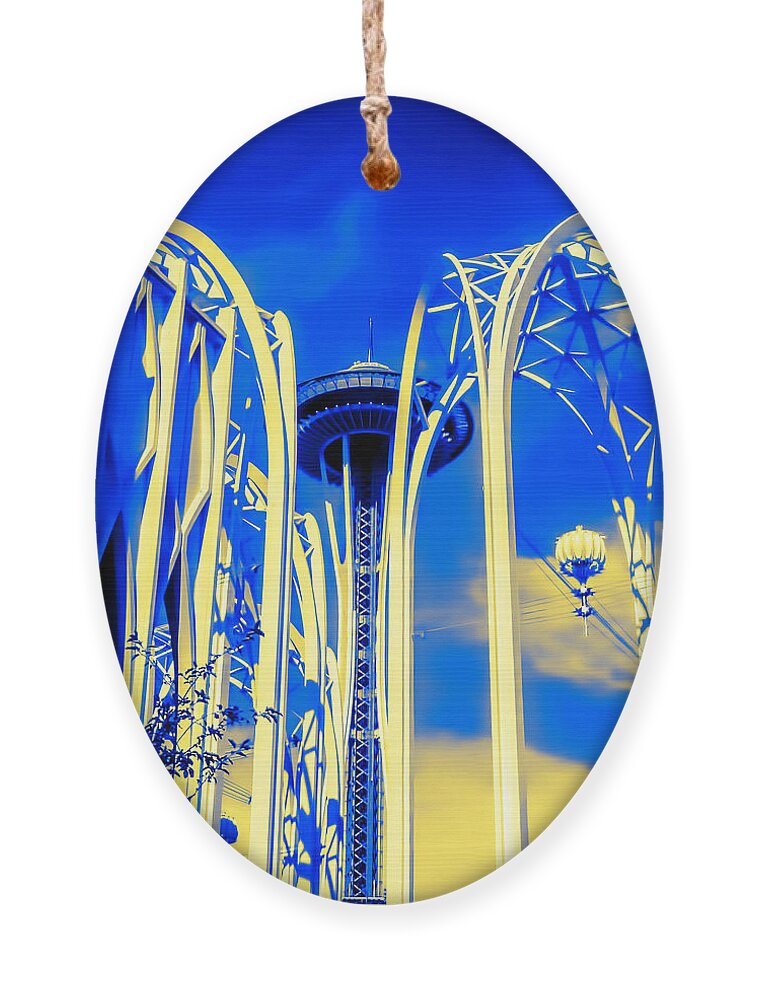 Space Needle Ornament featuring the photograph Space Needle Blue and Yellow by Cathy Anderson