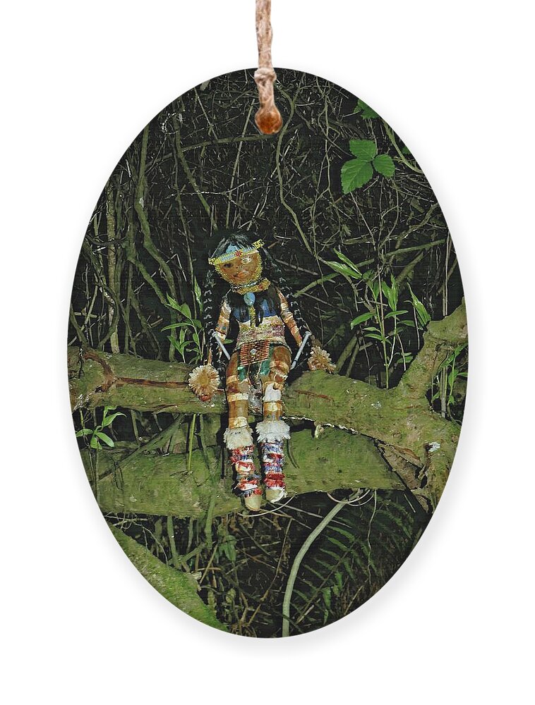 Doll Ornament featuring the photograph Spooky doll in forest by Martin Smith