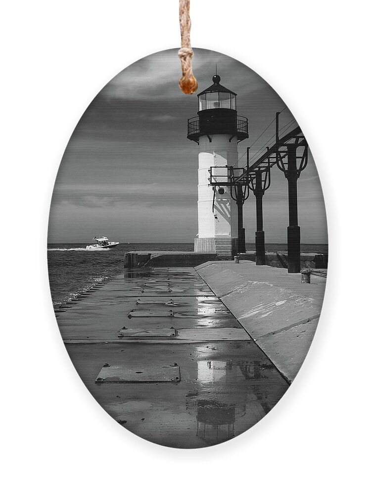 Outer Light Ornament featuring the photograph St Joseph Outer Light Reflection B W by David T Wilkinson