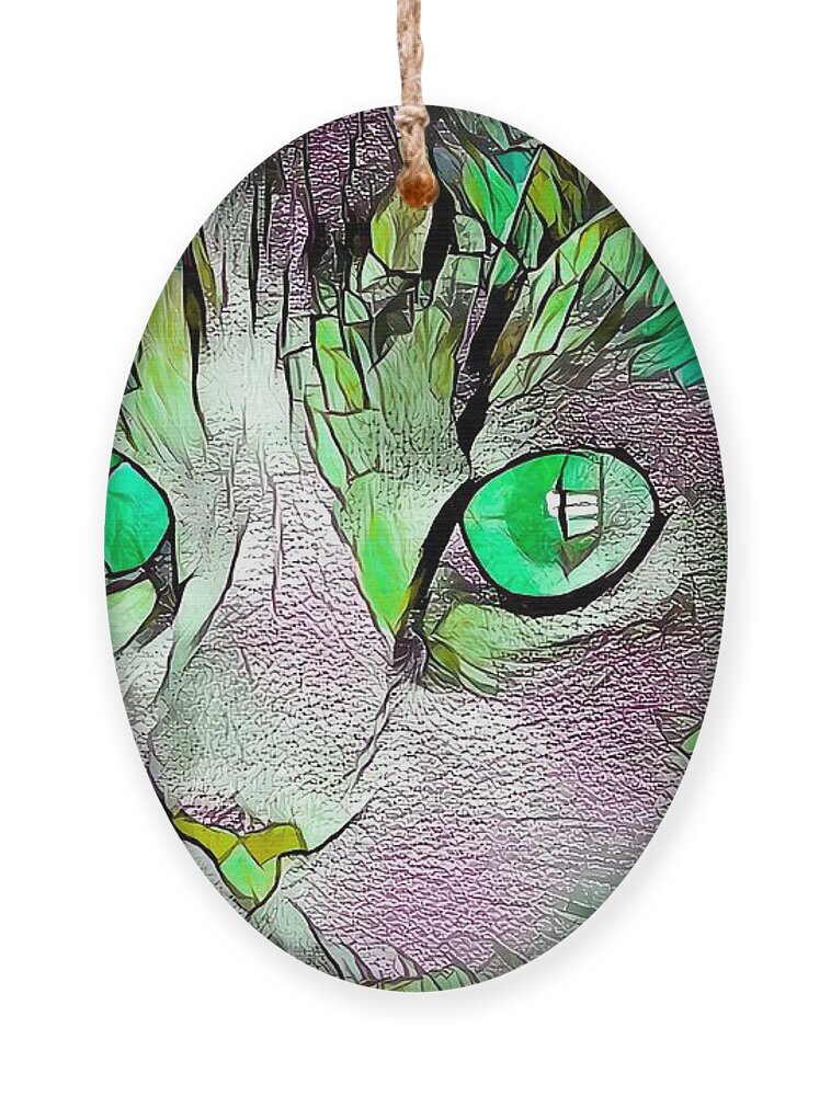 Glass Ornament featuring the digital art Stained Glass Cat Portrait Green by Don Northup