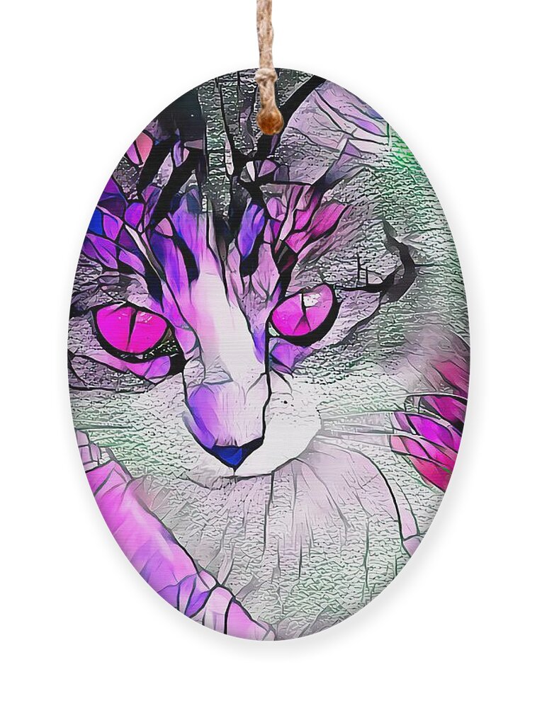 Glass Ornament featuring the digital art Stained Glass Cat Stare Pink Eyes by Don Northup