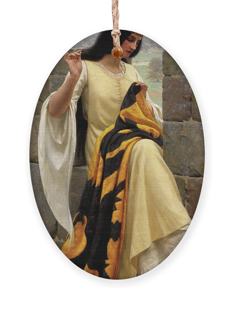 Stitching The Standard Ornament featuring the painting Stitching the Standard by Edmund Leighton by Rolando Burbon