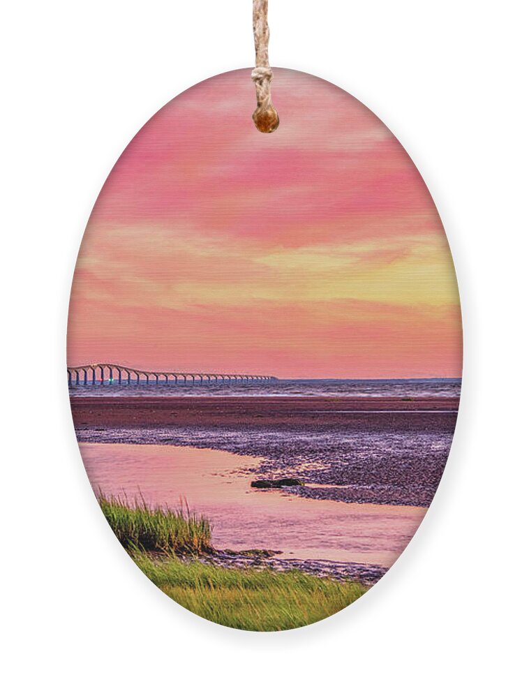 Pei Ornament featuring the photograph Summer Sunset at Confederation Bridge, Painterly by Marcy Wielfaert