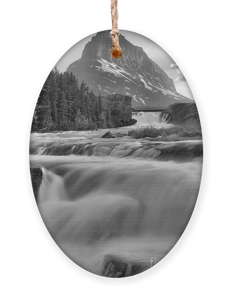Swift Current Falls Ornament featuring the photograph Swiftcurrent Falls Spring SUnset Black And White by Adam Jewell
