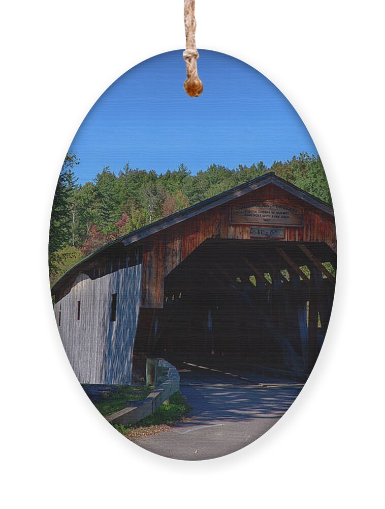 Autumn Foliage New England Ornament featuring the photograph The Cambridge Junction Covered bridge by Jeff Folger