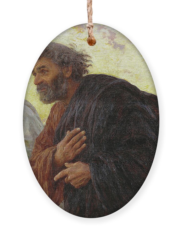 Eugene Burnand Ornament featuring the painting The Disciples Peter and John running to the tomb on the morning of the Resurrection, 1898 by Eugene Burnand