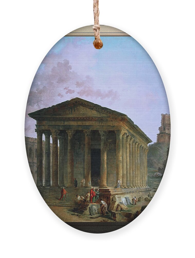 Maison Carée Ornament featuring the digital art The Maison Caree the Arenas and the Magne Tower in Nimes by Hubert Robert by Rolando Burbon