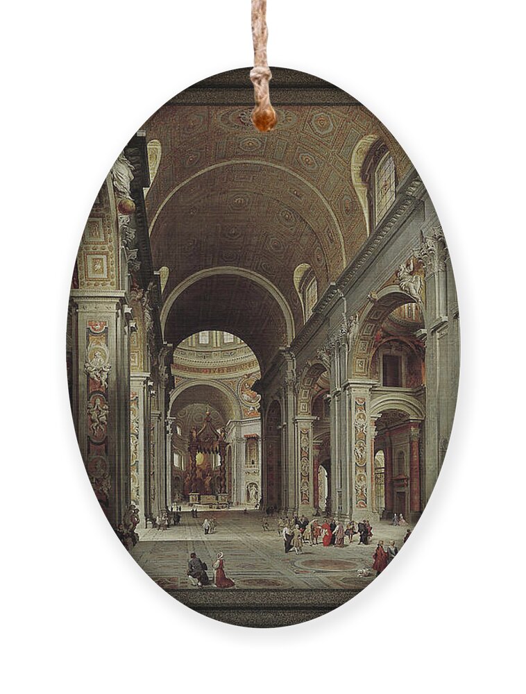 The Nave Of St. Peter's Basilica Ornament featuring the painting The Nave of St Peter's Basilica in the Vatican c1735 by Giovanni Paolo Pannini by Rolando Burbon