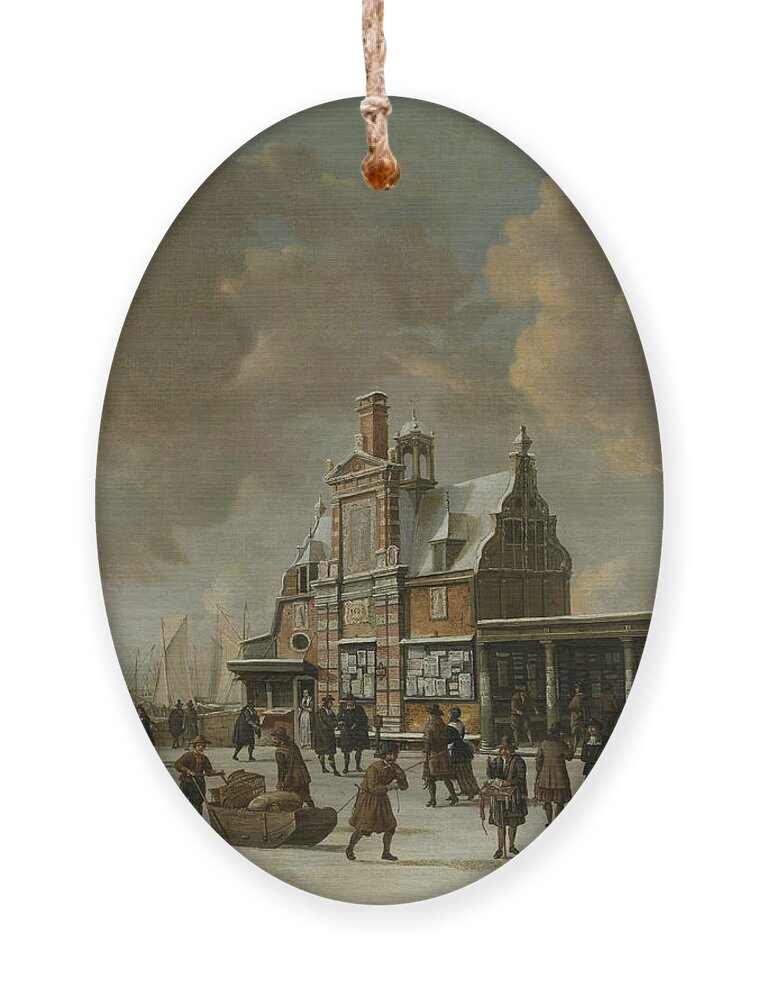 17th Century Art Ornament featuring the painting The Paalhuis and the Nieuwe Brug in Amsterdam during Wintertime by Jan Abrahamsz Beerstraaten