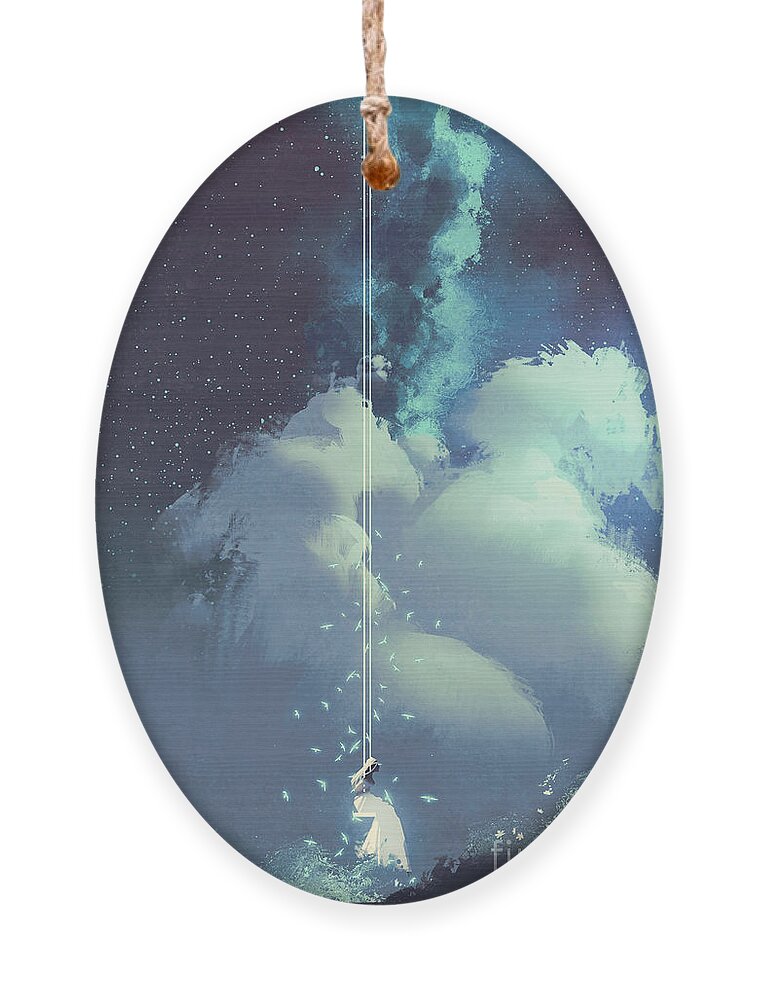 Magic Ornament featuring the digital art The Woman On A Swing Under The Night by Tithi Luadthong