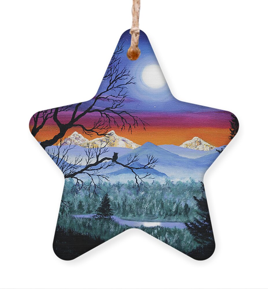 Oregon Ornament featuring the painting Three Sisters Overlooking a Moonlit River by Laura Iverson