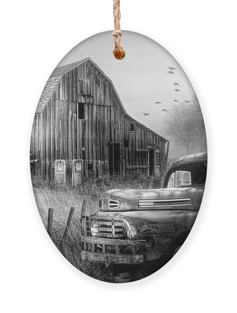 1951 Ornament featuring the photograph Truck in the Fog in Black and White by Debra and Dave Vanderlaan
