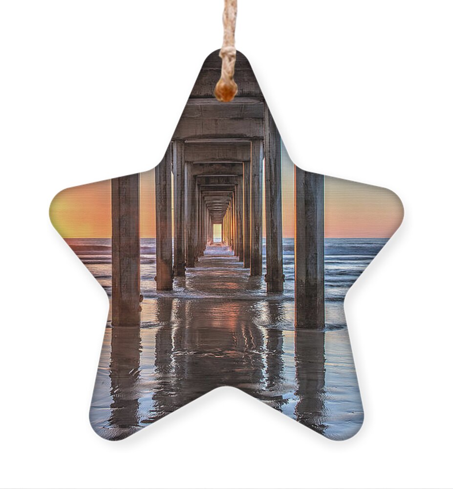 Beach Ornament featuring the photograph Under Scripps Pier at Sunset ..Autographed.. by David Levin