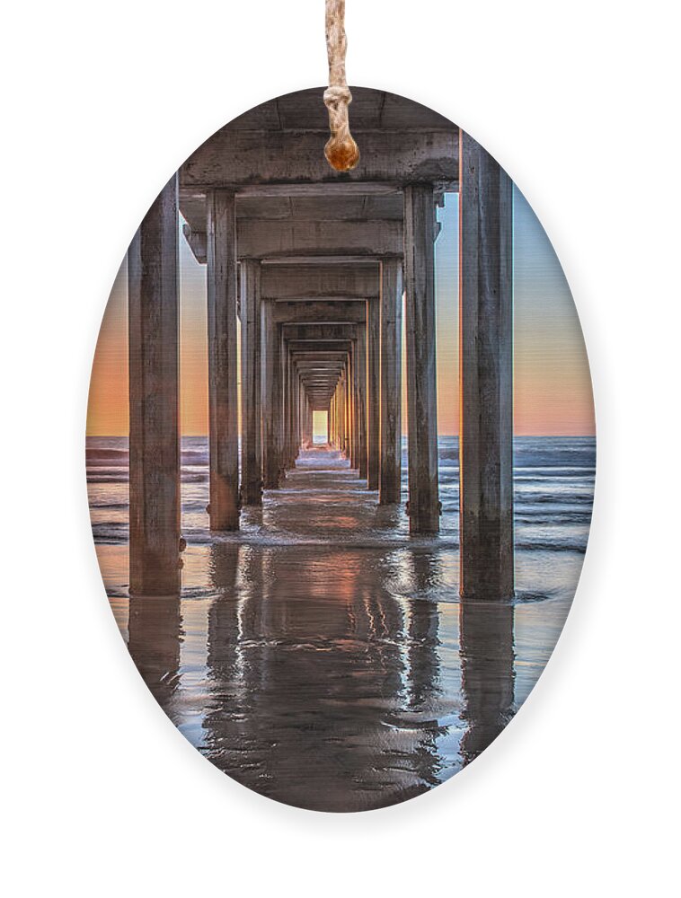 Beach Ornament featuring the photograph Under Scripps Pier at Sunset ..Autographed.. by David Levin
