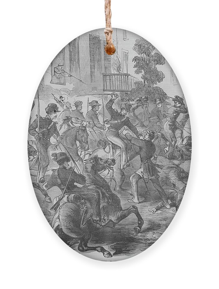 Union Ornament featuring the painting Union Cavalry Charge into Fairfax County Virginia under Tomkins by Frank Leslie