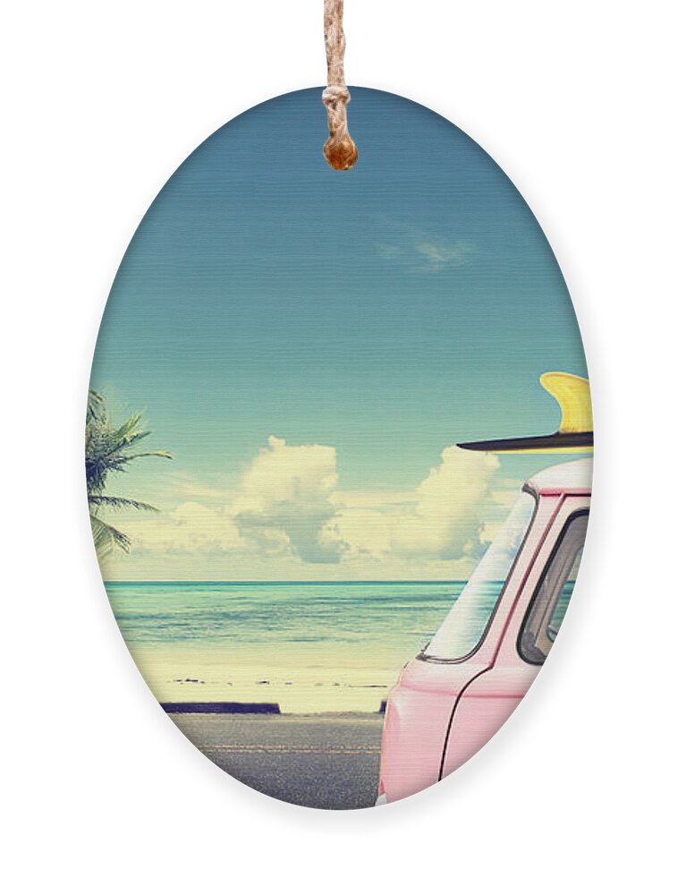 Pink Ornament featuring the photograph Vintage Car In The Beach by Jakkapan