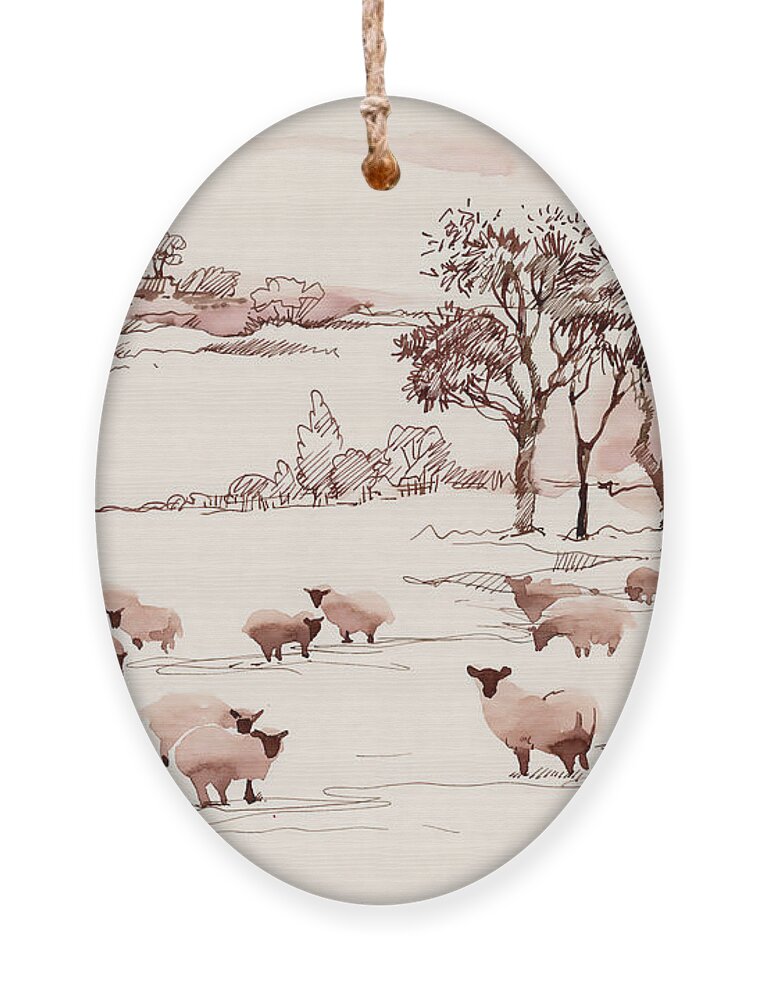 Milch Ornament featuring the digital art Watercolor Summer Landscape With Sheep by Kostanproff