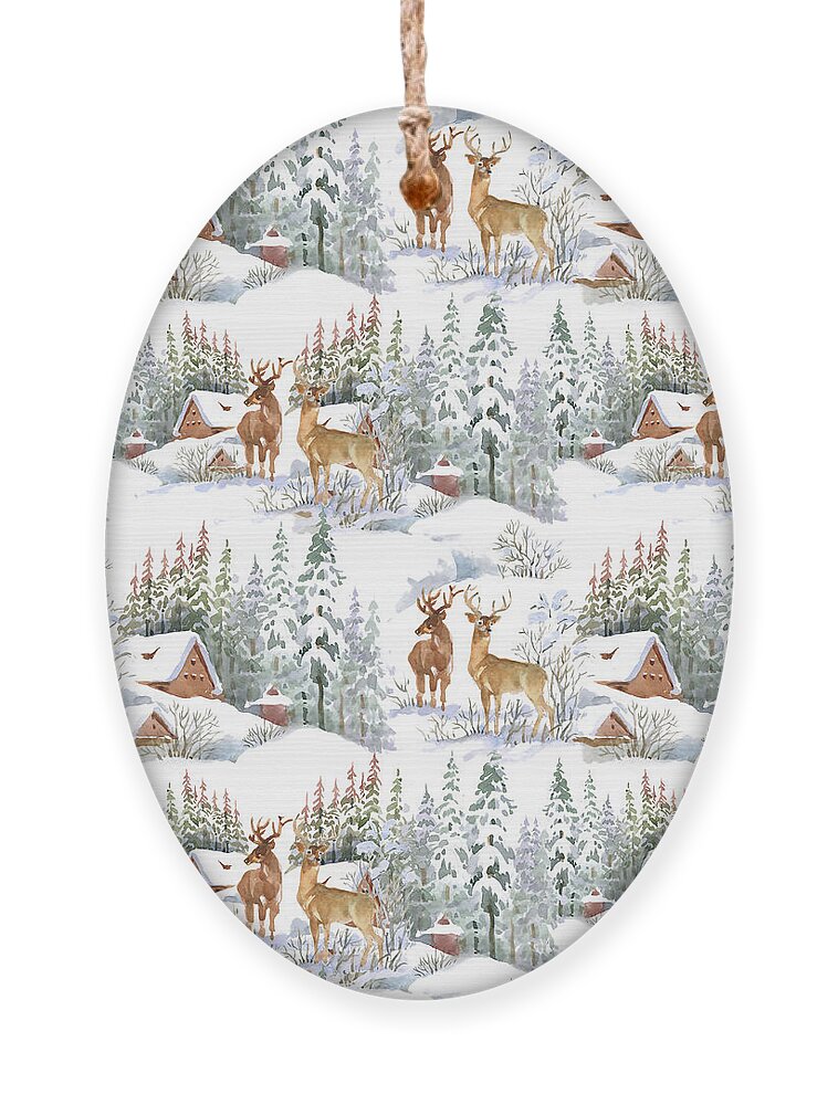 Year Ornament featuring the digital art Watercolor Winter Landscape With Deers by Kostanproff