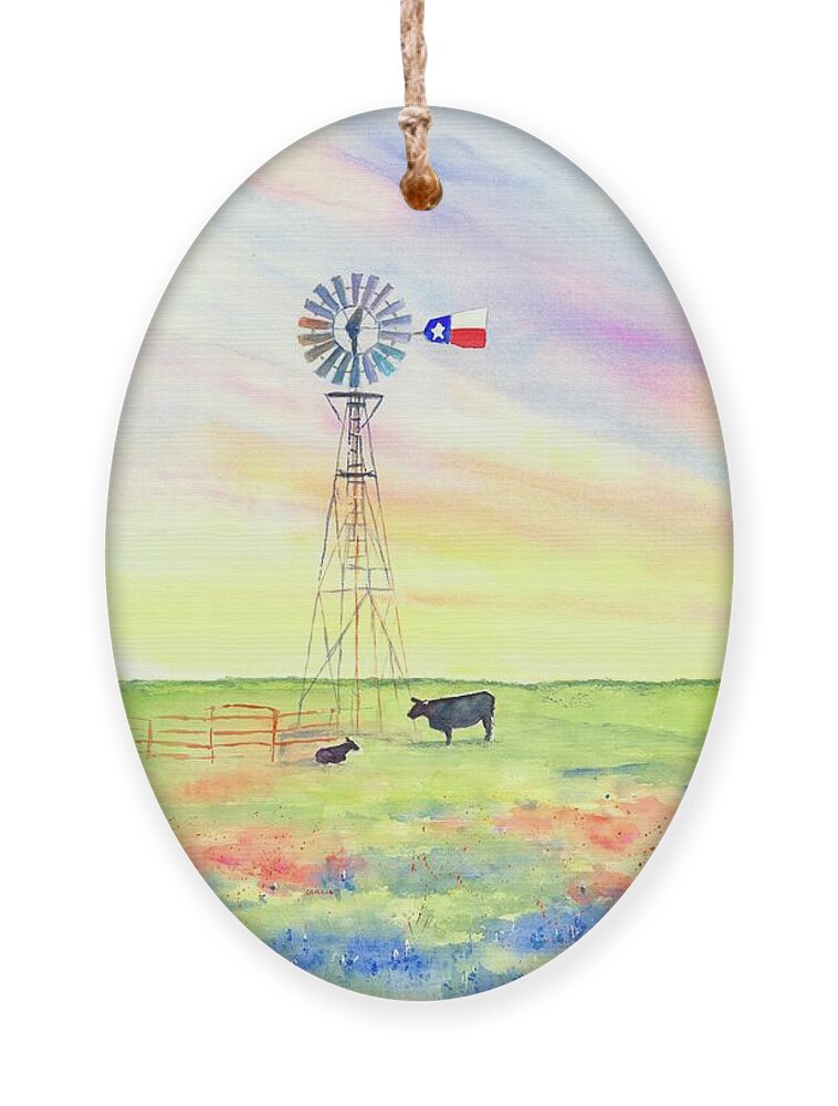 Texas Ornament featuring the painting West Texas Ranch Landscape Windmill by Carlin Blahnik CarlinArtWatercolor