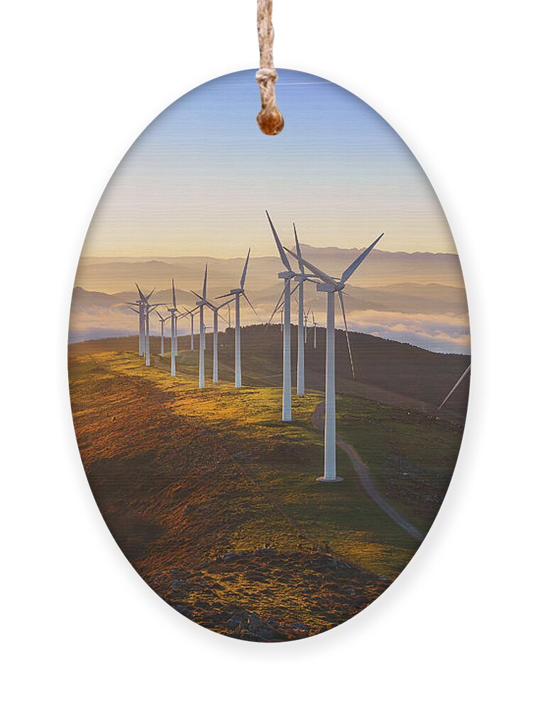 Sunrise Ornament featuring the photograph Wind Turbines In The Oiz Eolic Park by Mimadeo