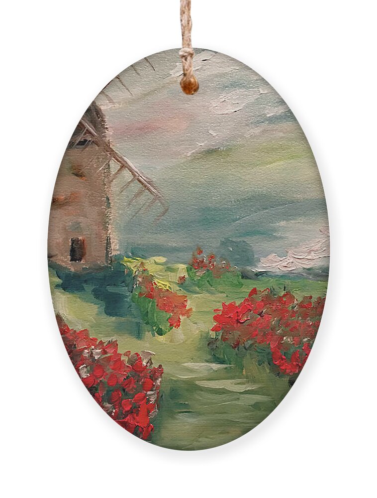 Windmill Ornament featuring the painting Windmill in a Poppy Field by Roxy Rich