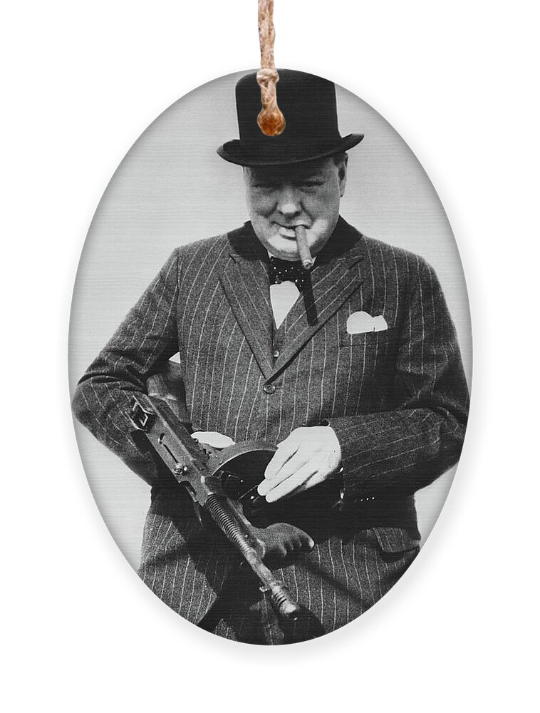Winston Churchill Ornament featuring the painting Winston Churchill with Tommy Gun by English School