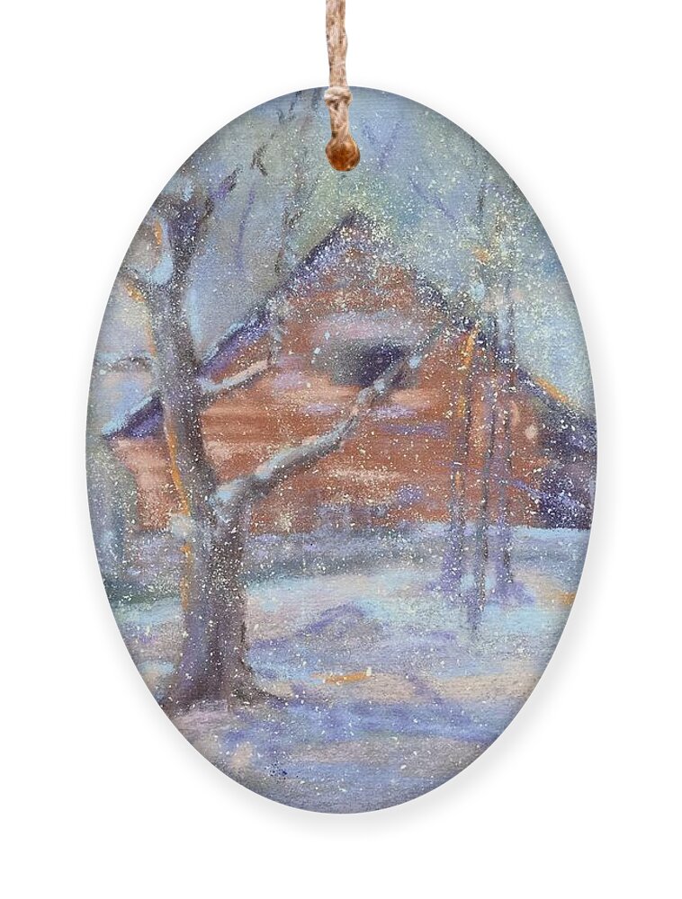 Snow Scene Ornament featuring the pastel Winter at Stars Cave by Rebecca Matthews