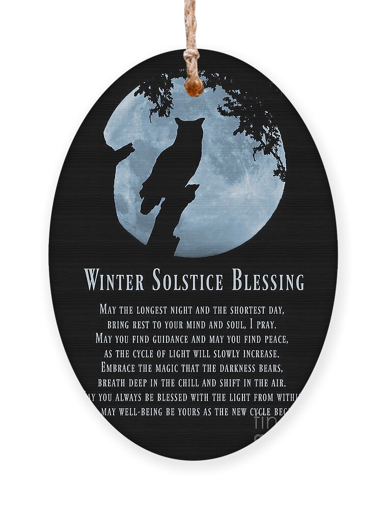 Winter Solstice Ornament featuring the photograph Winter Solstice Owl and Moon in Oak Tree Yule Blessing by Stephanie Laird