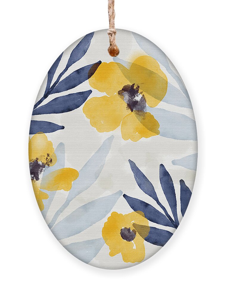 Flowers Ornament featuring the mixed media Yellow and Navy 1- Floral Art by Linda Woods by Linda Woods