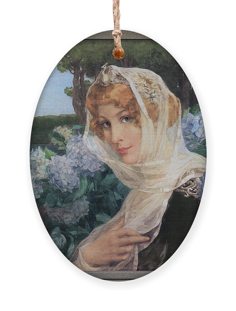 Young Woman With Hydrangeas Ornament featuring the painting Young Woman with Hydrangeas by Elisabeth Sonrel by Rolando Burbon