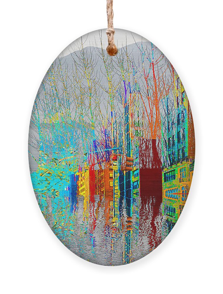 Lake Ornament featuring the painting Bushes and its reflection in the middle of the lake with mountai #1 by Tony Rubino