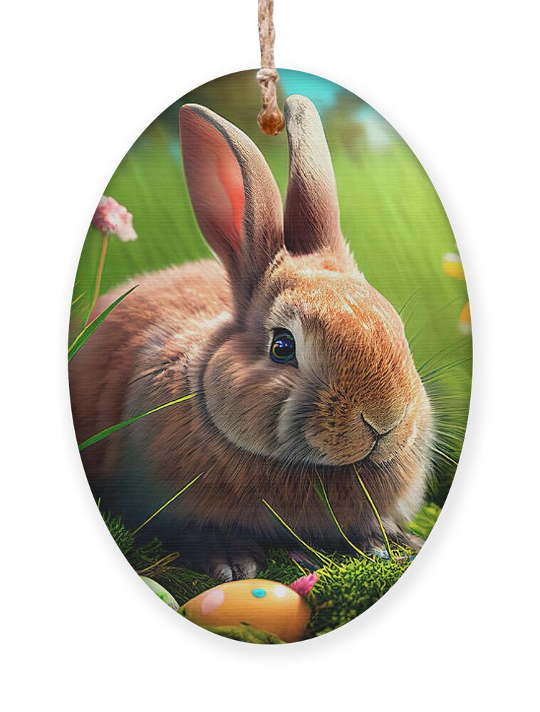 Easter Ornament featuring the digital art Cute easter bunny in grass and daisy flowers nest with colorful by Jelena Jovanovic