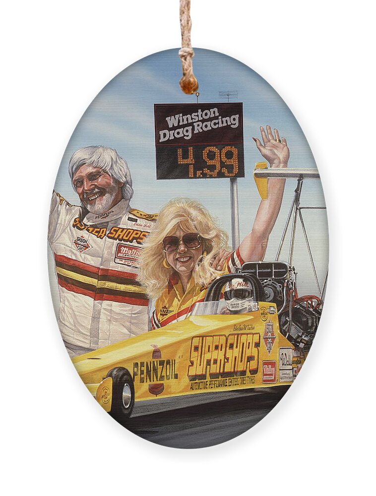 Nhra Funny Car Hell Fire Nitro Top Fuel Dragster Kenny Youngblood John Force Ornament featuring the painting First in the Fours #1 by Kenny Youngblood
