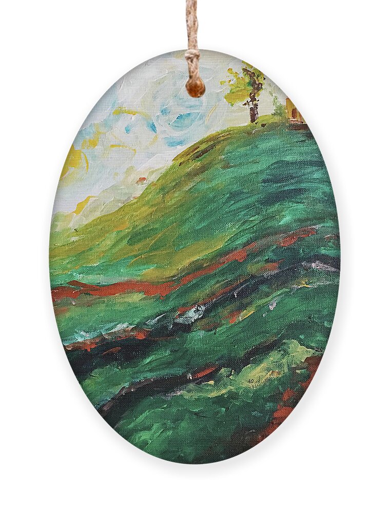 Landscape Ornament featuring the painting House on a Hill by Roxy Rich