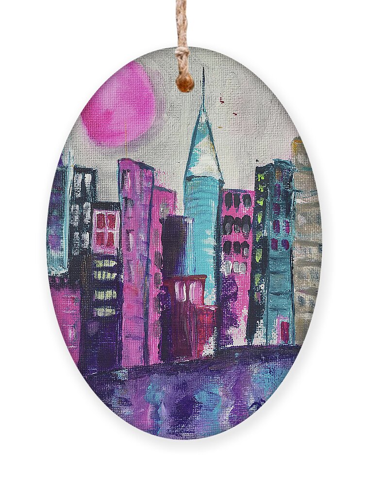 City Ornament featuring the painting Pink Moon City by Roxy Rich