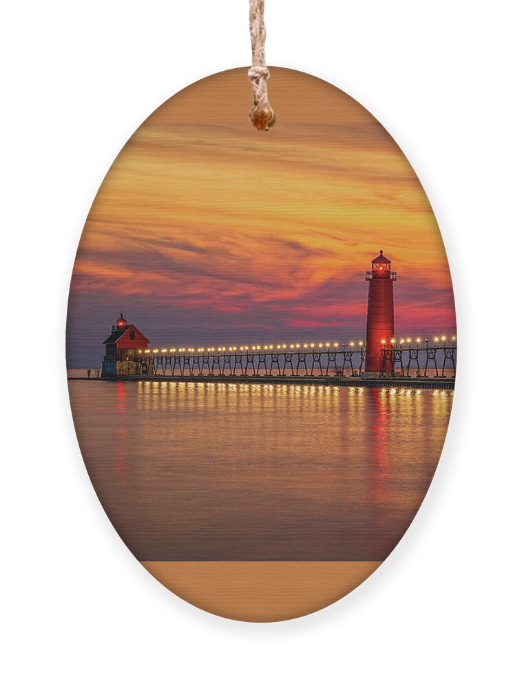 Grand Haven Ornament featuring the digital art Sunset at Grand Haven Lighthouse #1 by Kevin McClish