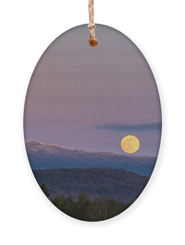 Full Moon Ornament featuring the photograph super moon rising over Mount Mansfield in the Green Mountains of Vermont #1 by Ann Moore
