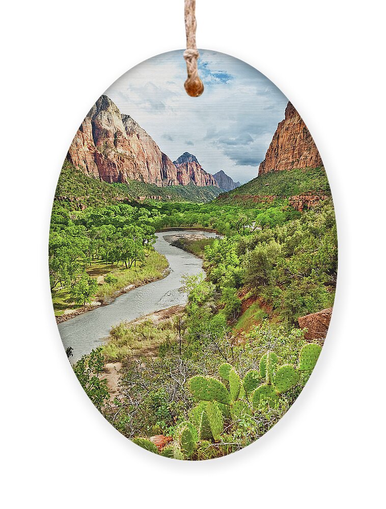 Cactus Ornament featuring the photograph Zion Canyon and the Meandering Virgin River at Dusk #1 by Jeff Goulden