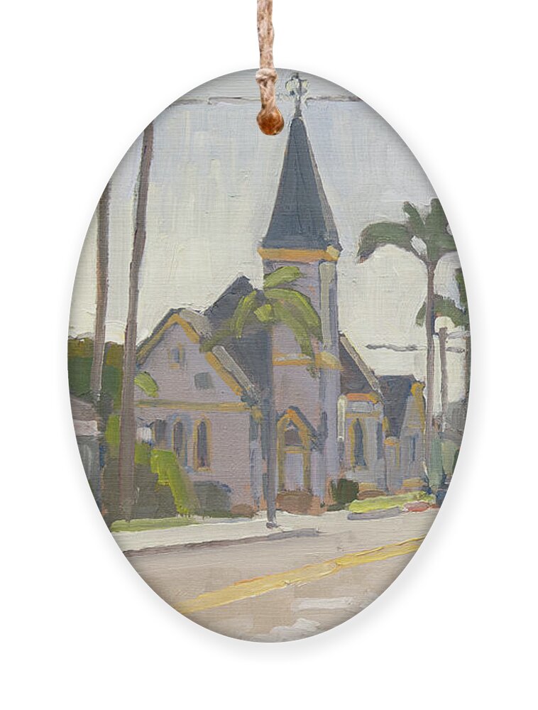 Graham Memorial Presbyterian Church Ornament featuring the painting 10th and C, Coronado, California by Paul Strahm
