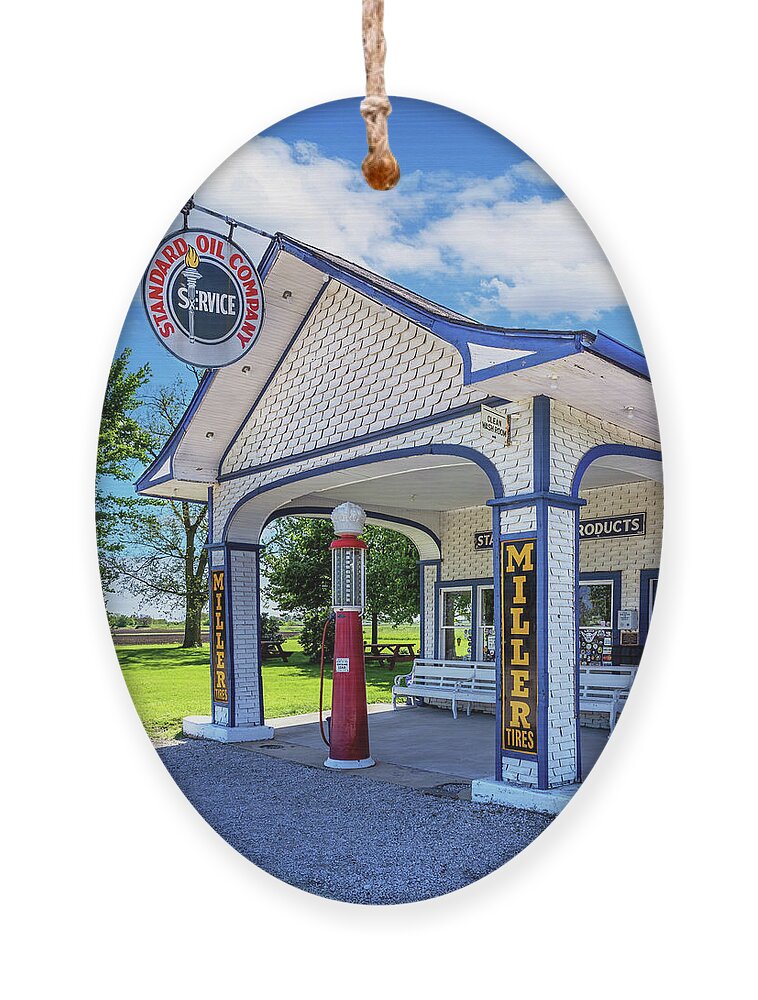Standard Oil Gas Station Ornament featuring the photograph 1932 Standard Oil Gas Station - Route 66 - Odell, Illinois by Susan Rissi Tregoning