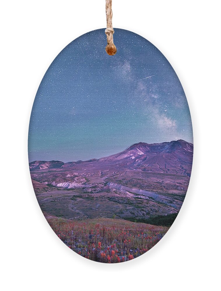 Outdoor; Sunset; Night Photography; Milky Way; Flowers; Summer; Paintbrush; Volcano; Crater; Pumice; Lava; Johnston Ridge Ornament featuring the digital art Milky Way in Mt St. Helens by Michael Lee