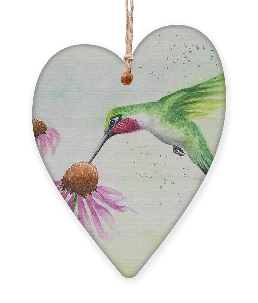 Nature Ornament featuring the painting Ruby throated Hummingbird #2 by Linda Shannon Morgan